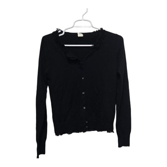 J.Crew Merino Wool Ruffle Cardigan Sweater Women’s Small Black - Picture 1 of 8